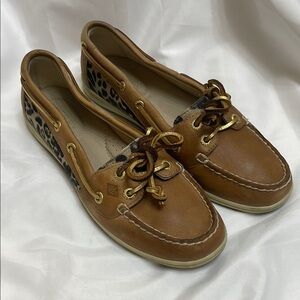 Sperry Leather Leopard Print Gold, Brown & Black Boat Shoes Moccasin Loafers, 7